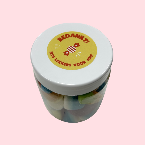 snoeppot bedankt met gele bedankt sticker rode tekst